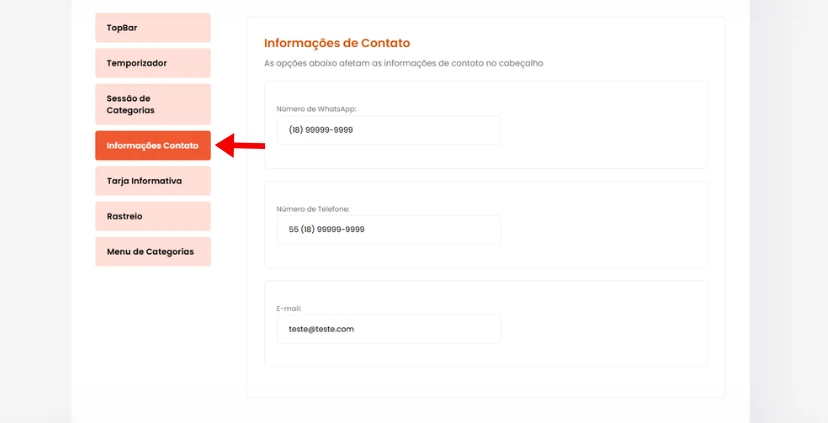 informações de Contato - opções