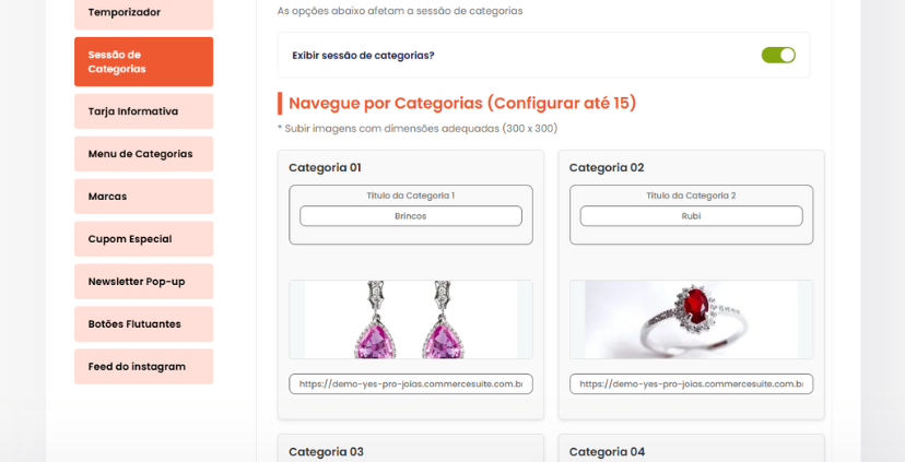 sessão de categorias - opções