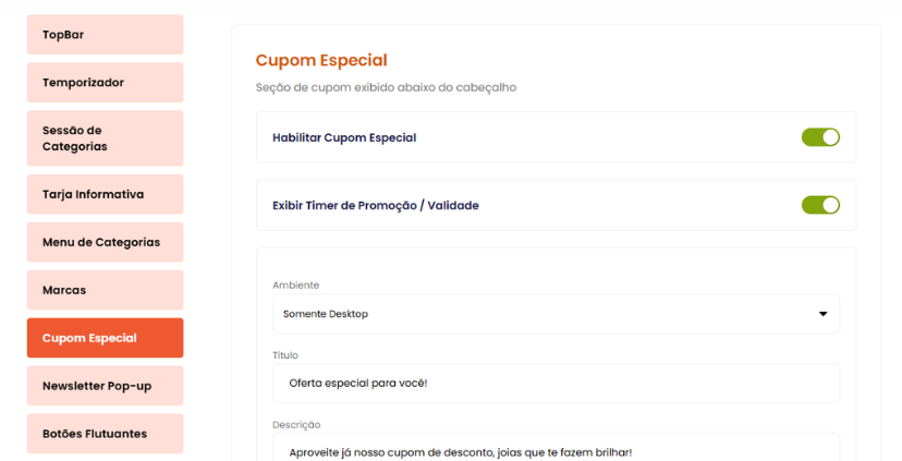 seção de cupom