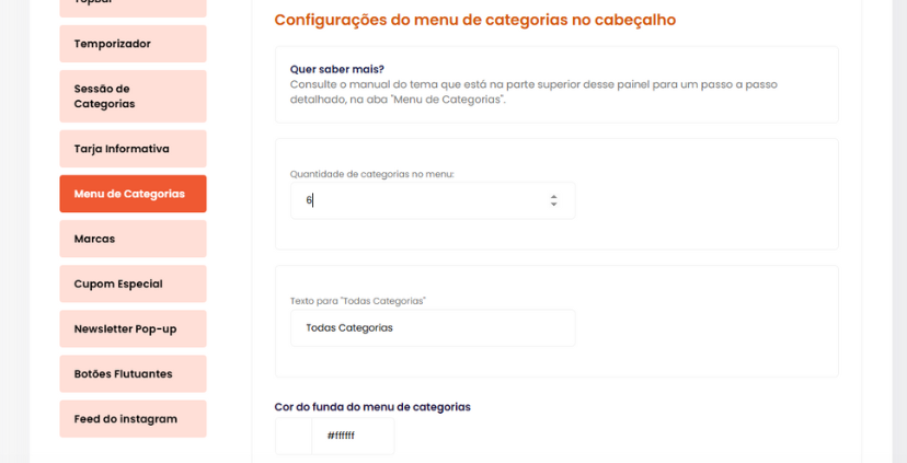 menu categorias painel